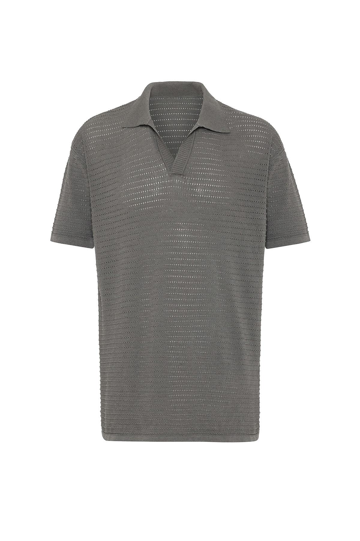 Antioch-Gri Polo Yaka Dokulu Erkek Triko T Shirt-T-Shirts-6-Milagron.com