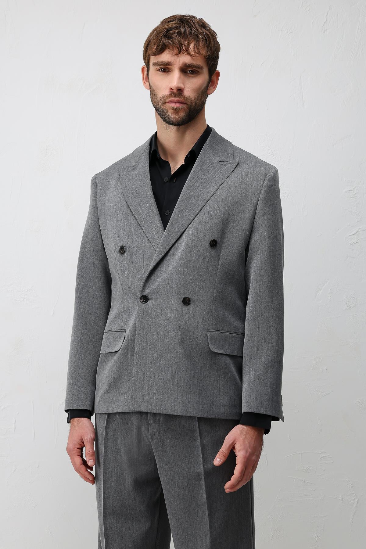 Antioch Gri Relax Fit Kruvaze Erkek Blazer Ceket