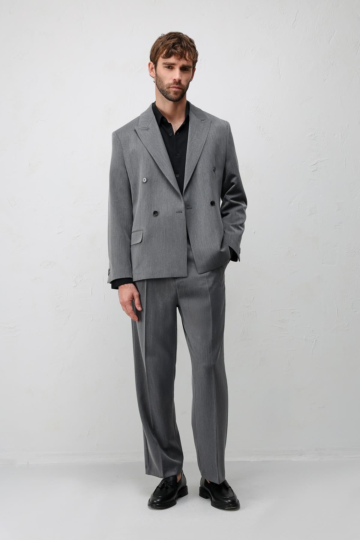 Antioch Gri Relax Fit Kruvaze Erkek Blazer Ceket