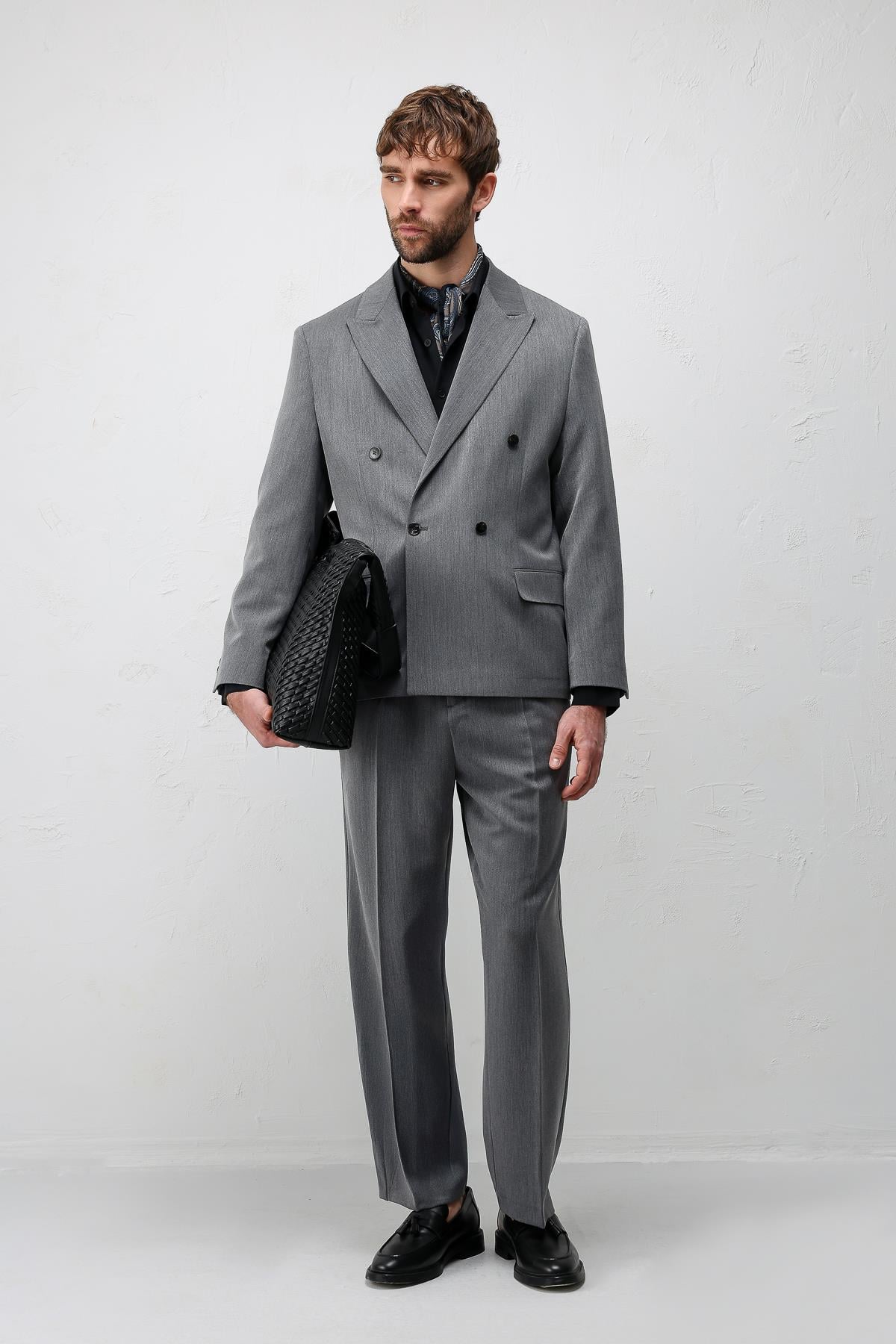 Antioch Gri Relax Fit Kruvaze Erkek Blazer Ceket