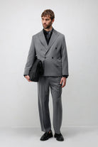 Antioch Gri Relax Fit Kruvaze Erkek Blazer Ceket