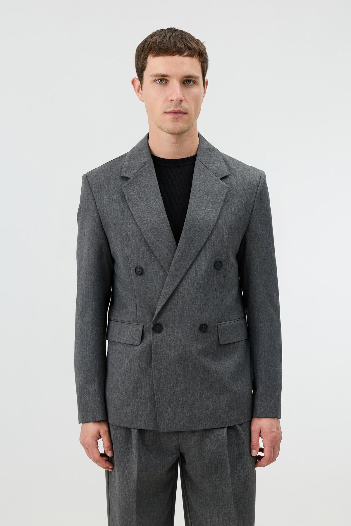 Antioch Gri Relaxed Kruvaze Erkek Blazer Ceket
