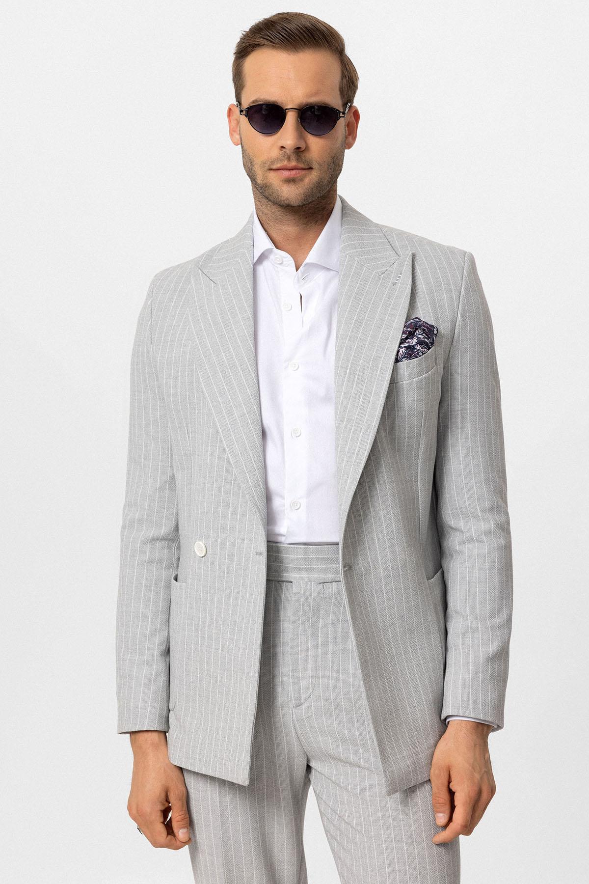 Antioch-Gri Tek Düğme Kruvaze Kapama çizgili Erkek Blazer Ceket-Blazer Ceket-1-Milagron.com