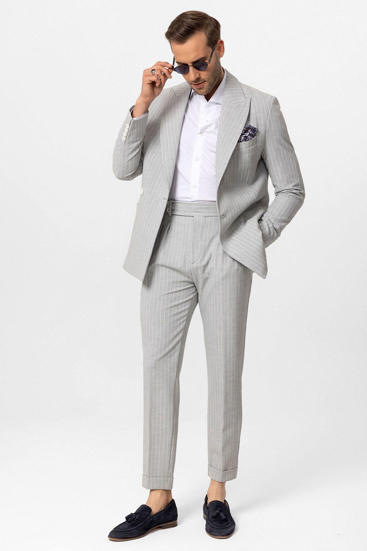 Antioch-Gri Tek Düğme Kruvaze Kapama çizgili Erkek Blazer Ceket-Blazer Ceket-5-Milagron.com