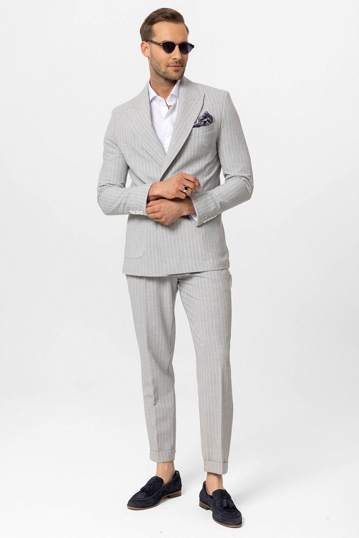 Antioch-Gri Tek Düğme Kruvaze Kapama çizgili Erkek Blazer Ceket-Blazer Ceket-6-Milagron.com