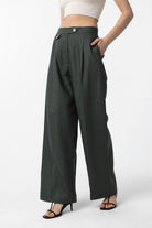 Antioch-Haki 100% Keten Yüksek Bel Pilili Kadın Pantolon-Kumaş Pantolon-1-Milagron.com