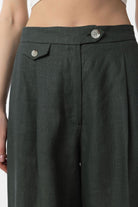 Antioch-Haki 100% Keten Yüksek Bel Pilili Kadın Pantolon-Kumaş Pantolon-3-Milagron.com