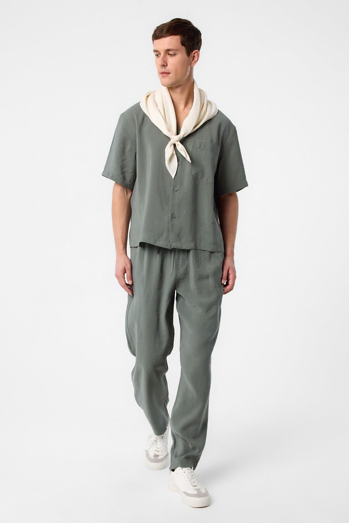 Antioch-Antioch Haki Apaş Yaka Modal Kumaş Erkek Gömlek-Gömlek-1-Milagron.com