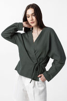 Antioch-Haki Bağlamalı Kimono Kadın Gömlek-Gömlek-1-Milagron.com