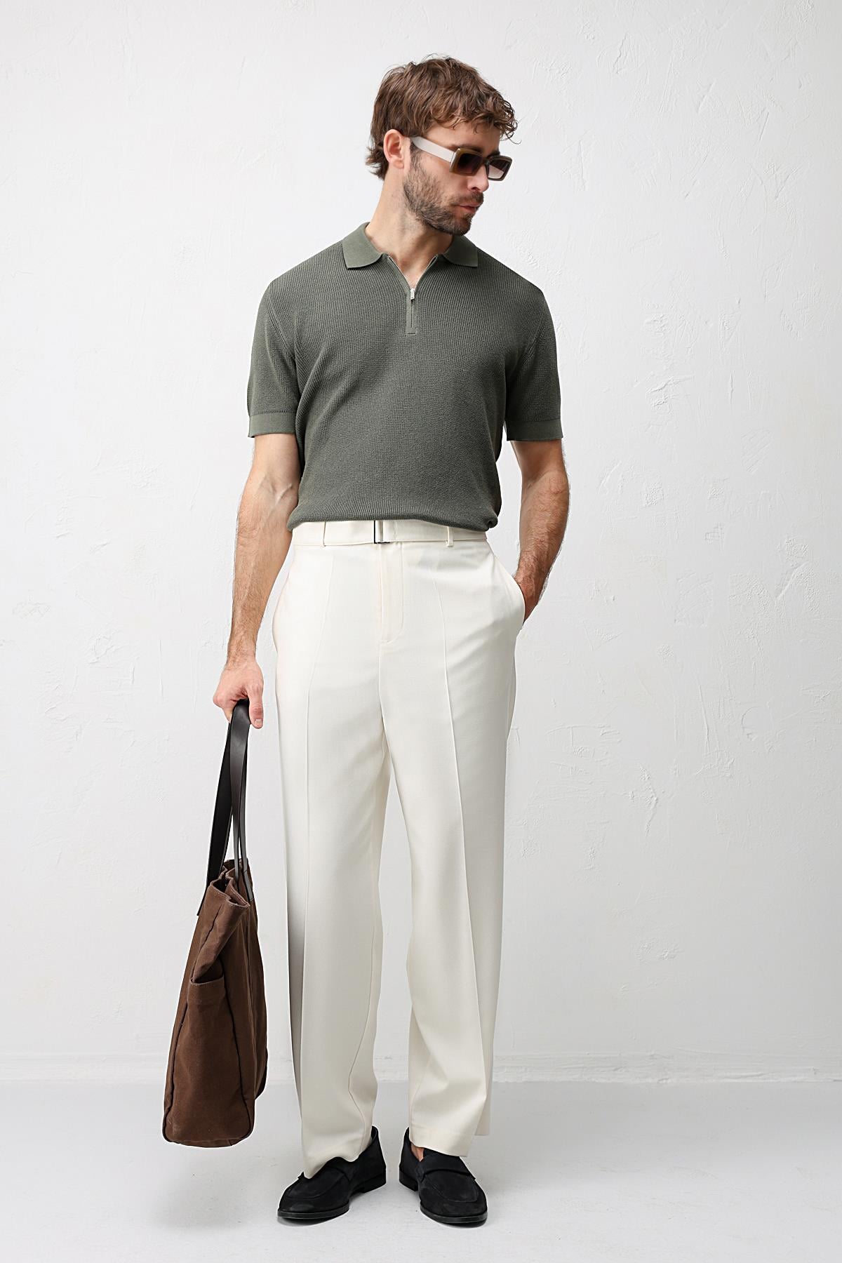 Antioch Haki Comfort Slim Fermuarlı Erkek Triko T-Shirt