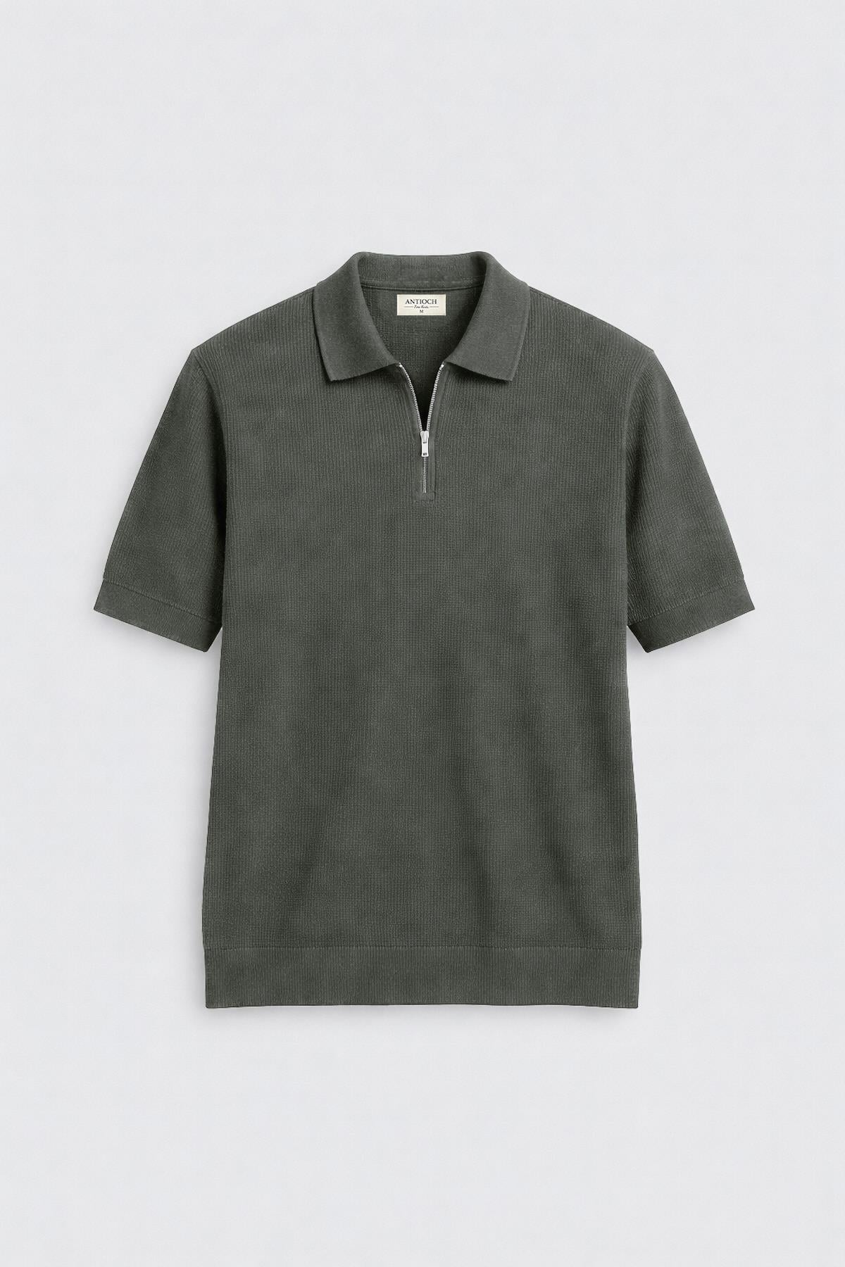 Antioch Haki Comfort Slim Fermuarlı Erkek Triko T-Shirt