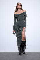Antioch-Antioch Haki Drape Detaylı Aksesuarlı Elbise-Elbise-1-Milagron.com
