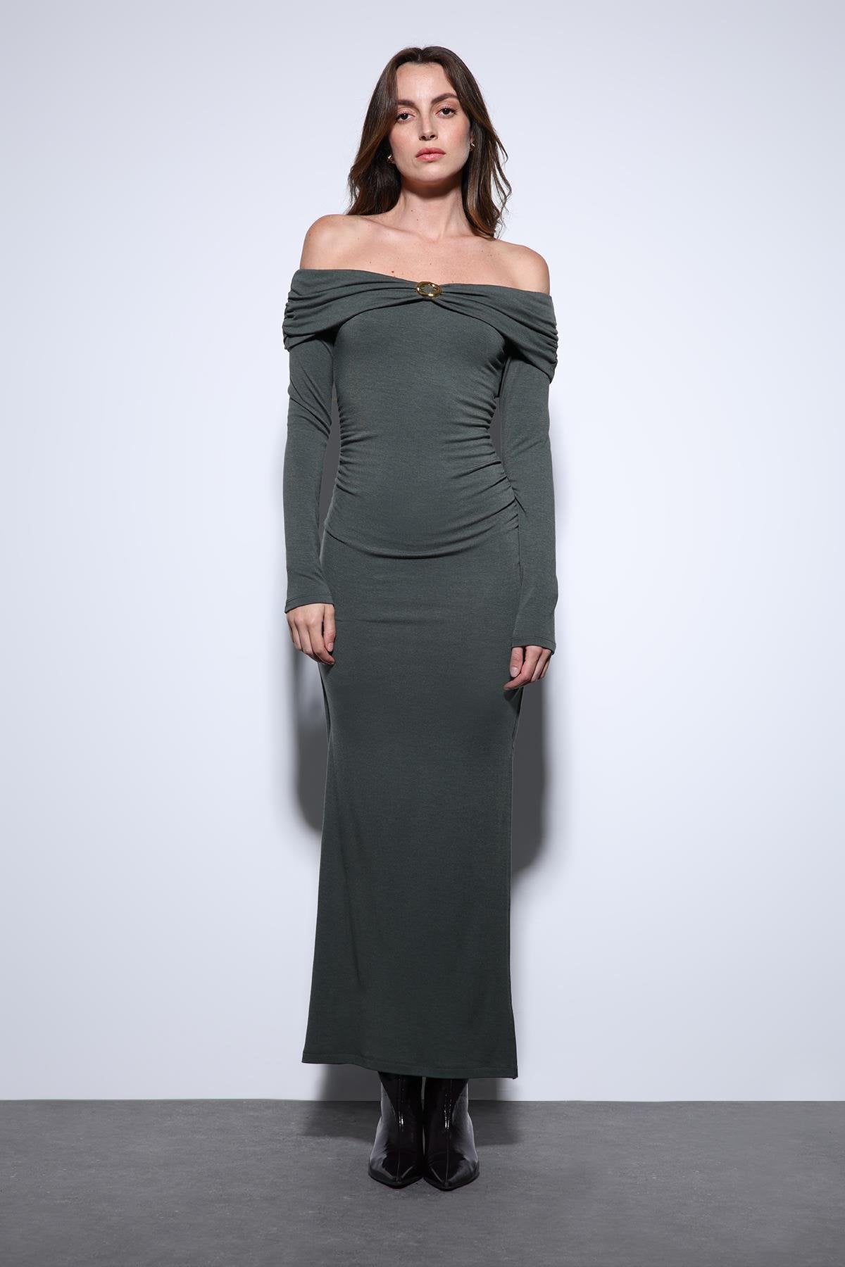 Antioch-Antioch Haki Drape Detaylı Aksesuarlı Elbise-Elbise-2-Milagron.com