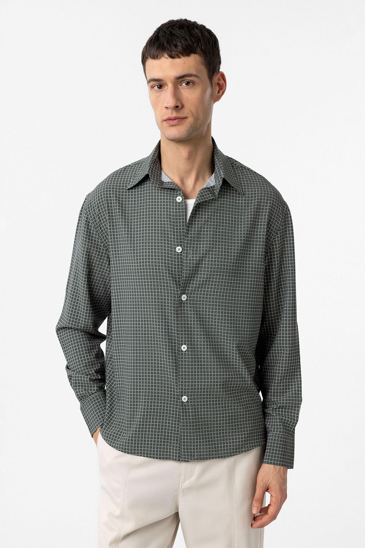 Antioch-Haki Kareli Erkek Rahat Kalıp Erkek Gömlek-Gömlek-1-Milagron.com