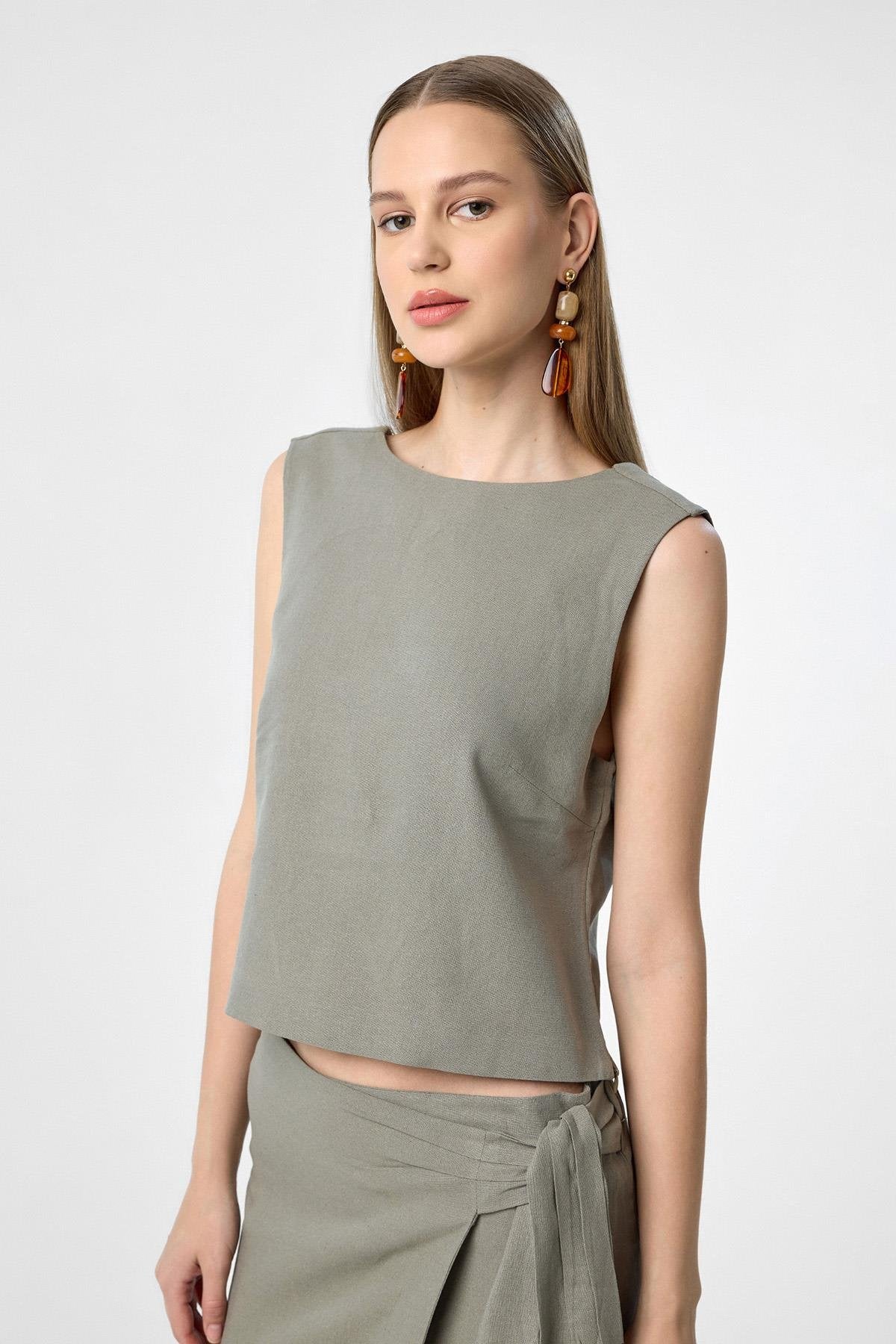 Antioch-Haki Keten Karışımlı Kadın Bluz-Bluz-1-Milagron.com