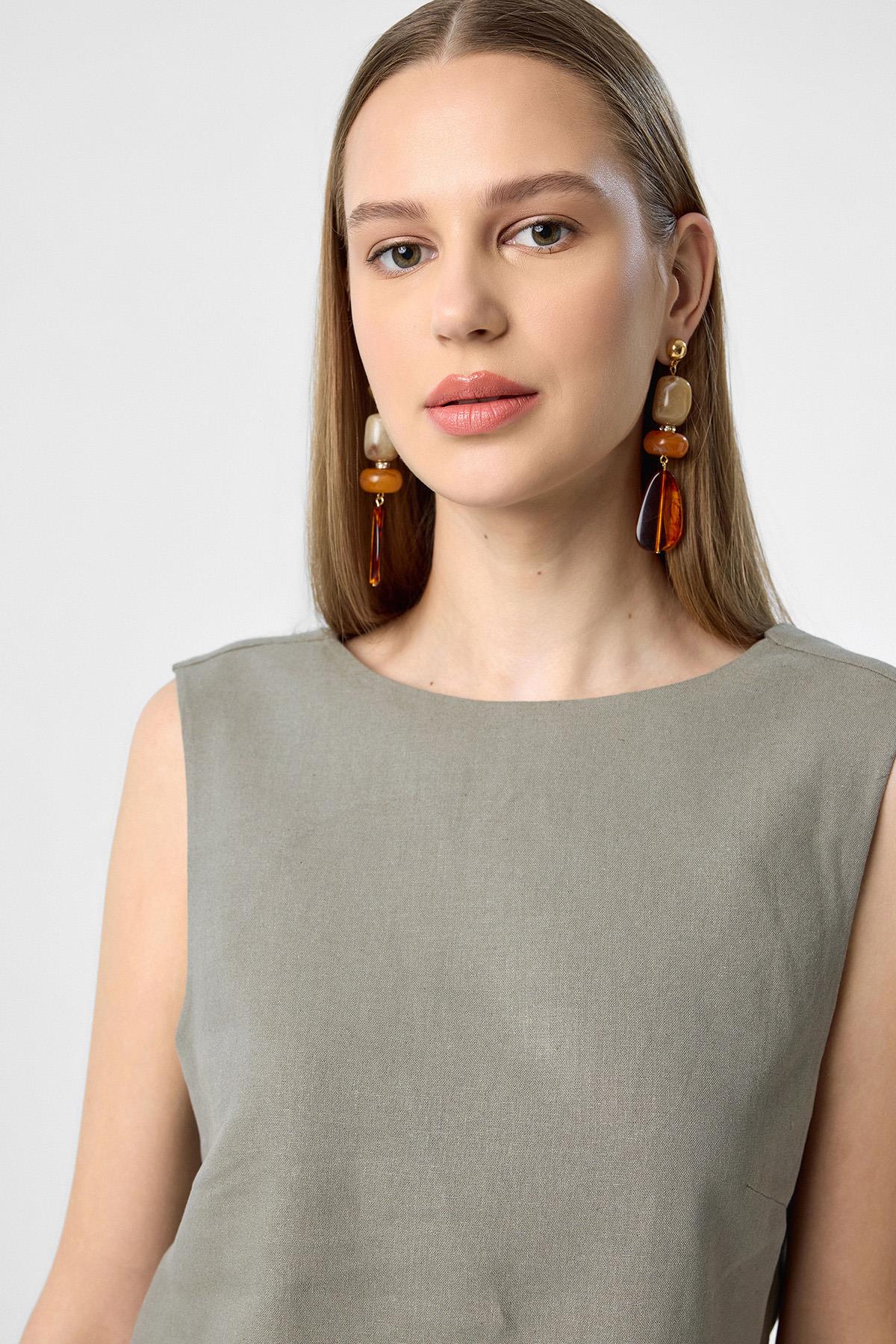 Antioch-Haki Keten Karışımlı Kadın Bluz-Bluz-3-Milagron.com