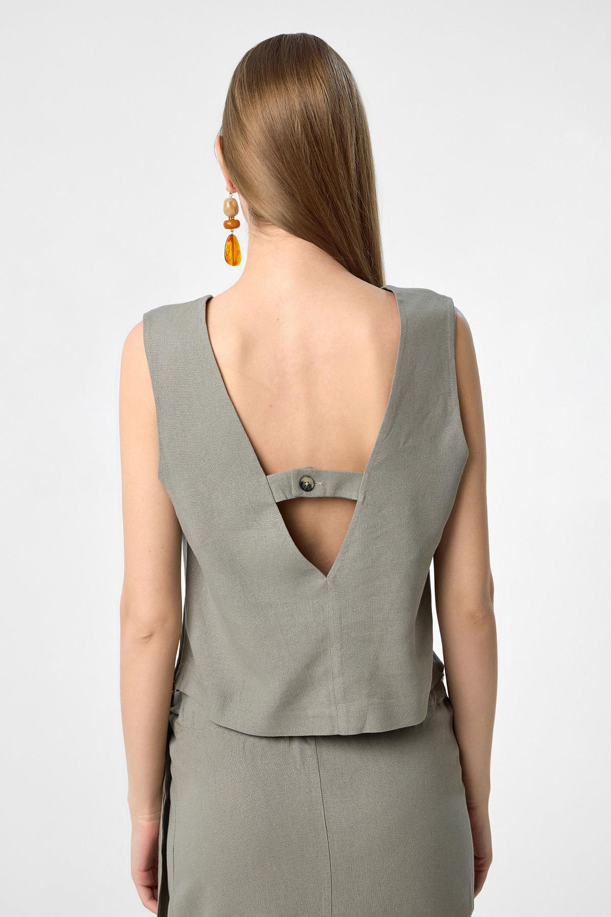 Antioch-Haki Keten Karışımlı Kadın Bluz-Bluz-4-Milagron.com