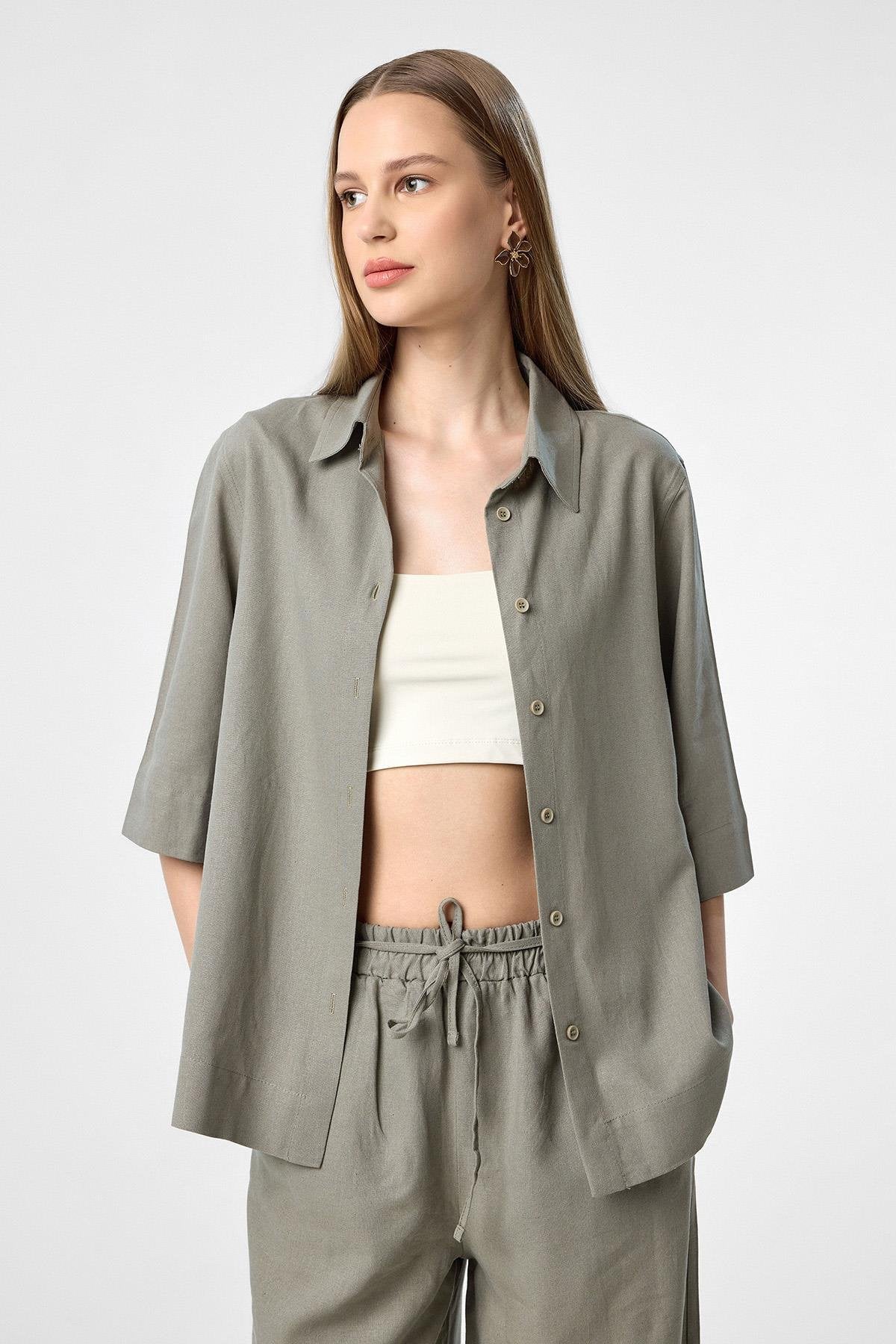 Antioch-Haki Keten Karışımlı Kadın Gömlek-Gömlek-3-Milagron.com
