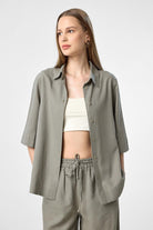 Antioch-Haki Keten Karışımlı Kadın Gömlek-Gömlek-3-Milagron.com
