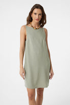 Antioch-Haki Keten Karışımlı Kadın Mini Elbise-Elbise-1-Milagron.com