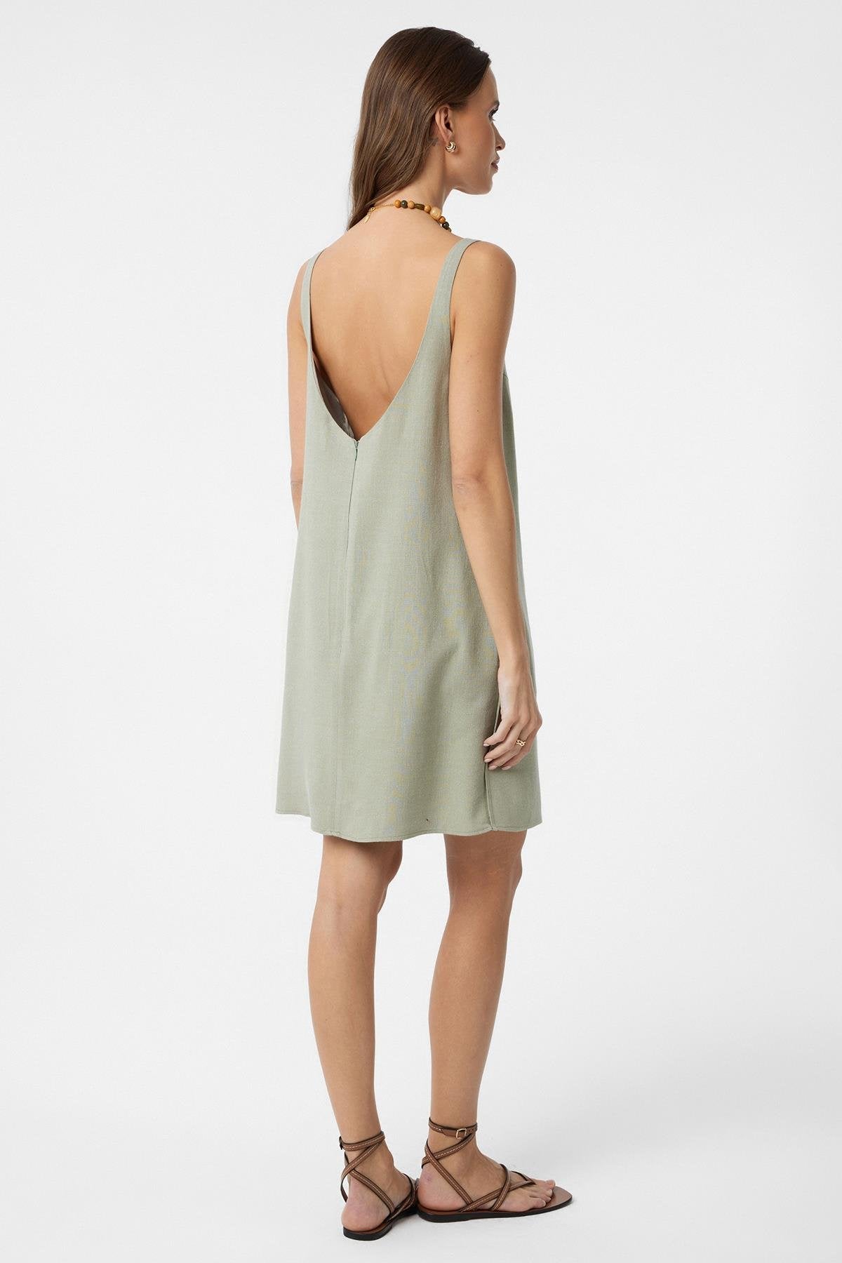 Antioch-Haki Keten Karışımlı Kadın Mini Elbise-Elbise-4-Milagron.com