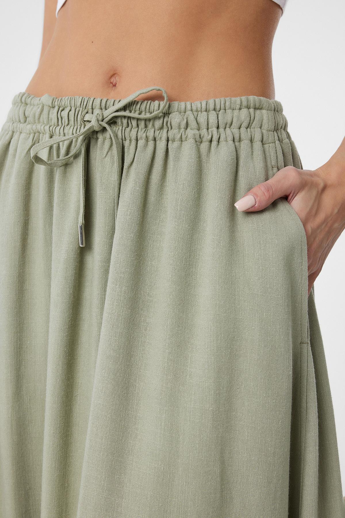 Antioch-Haki Keten Karışımlı Kadın Uzun Etek-Etek-3-Milagron.com