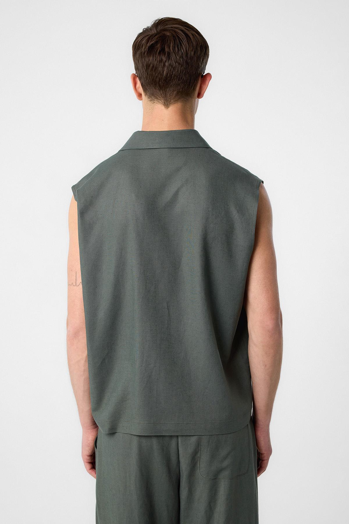 Antioch-Haki Keten Karışımlı Kolsuz Erkek Gömlek-Gömlek-5-Milagron.com