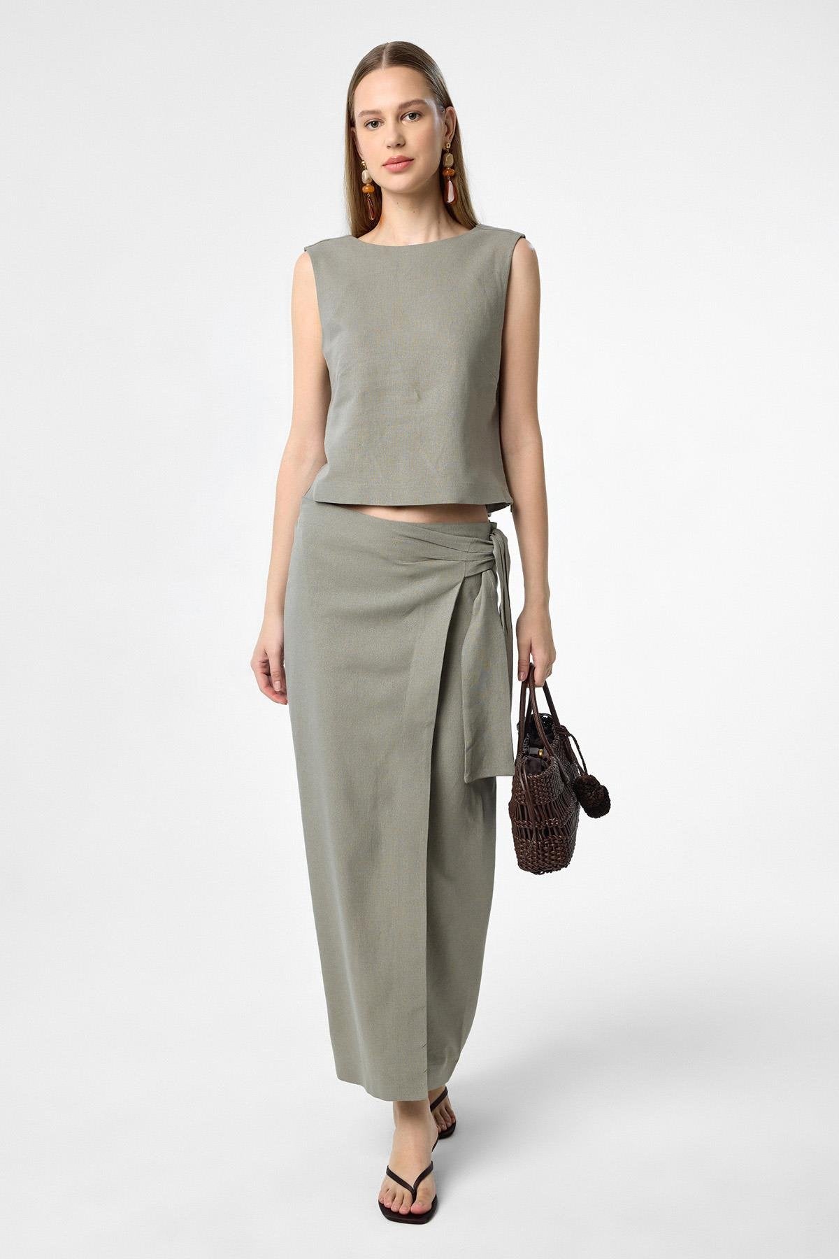 Antioch-Haki Keten Karışımlı Kuşaklı Kadın Etek-Etek-2-Milagron.com