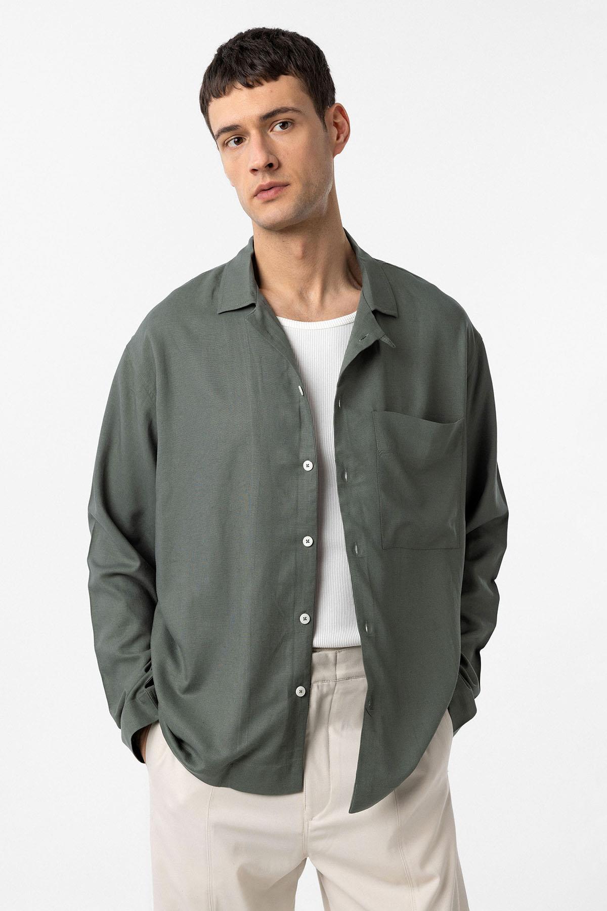 Antioch-Haki Keten Karışımlı Relax Fit Erkek Gömlek-Gömlek-1-Milagron.com