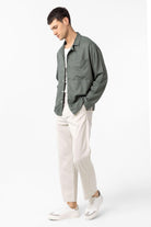 Antioch-Haki Keten Karışımlı Relax Fit Erkek Gömlek-Gömlek-2-Milagron.com