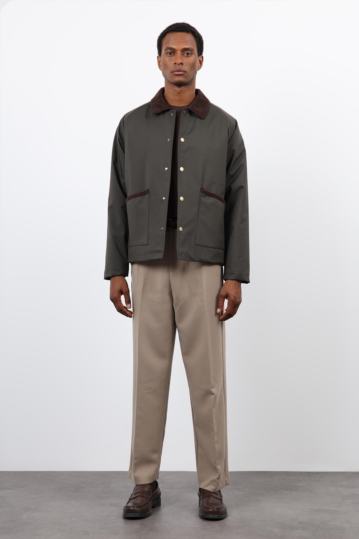 Antioch-Haki Kontrast Yaka Erkek Mont-Mont-2-Milagron.com