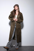 Antioch-Haki Kruvaze Süet Görünümlü Premium Kadın Trençkot-Trençkot-2-Milagron.com