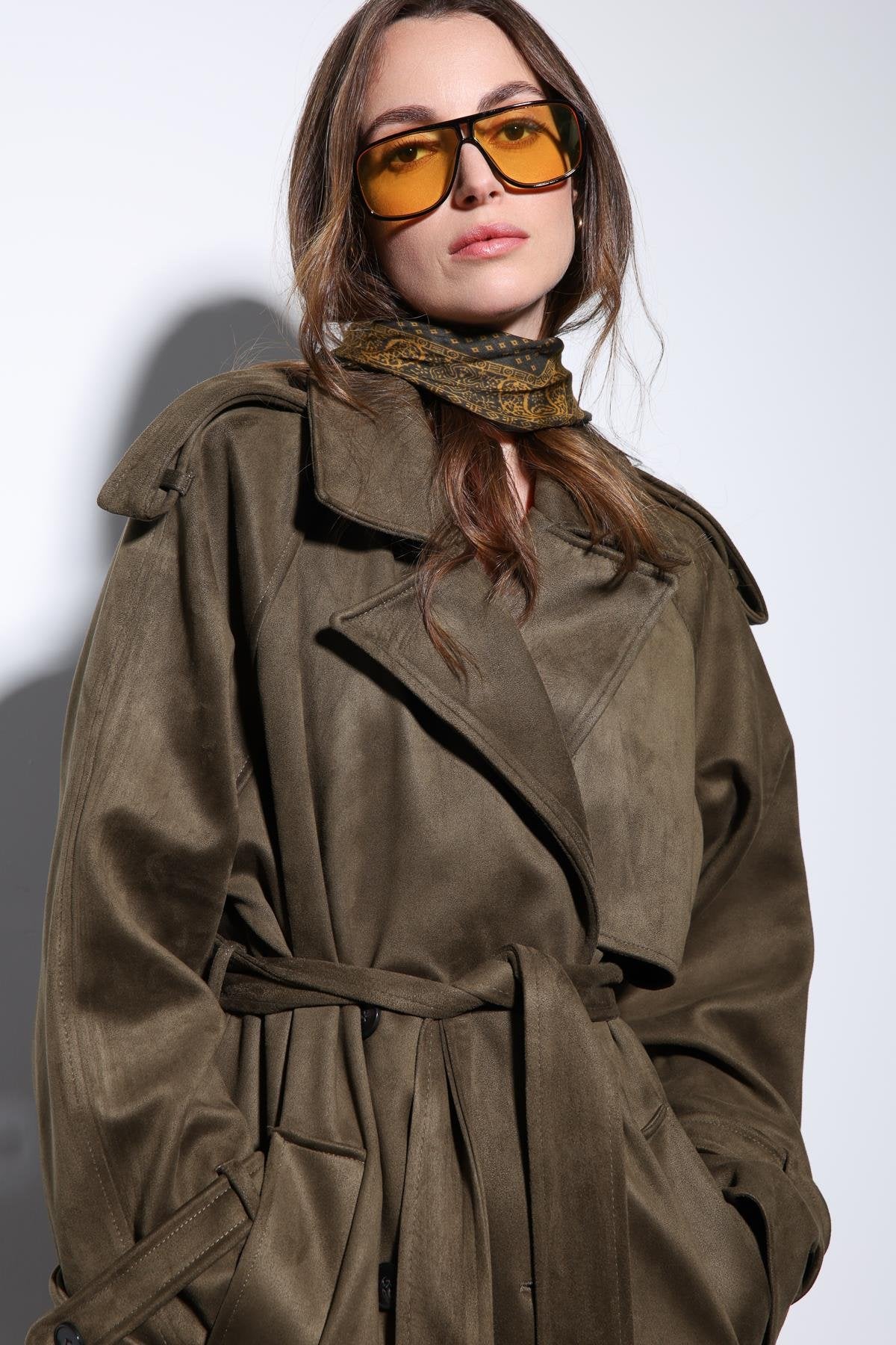 Antioch-Haki Kruvaze Süet Görünümlü Premium Kadın Trençkot-Trençkot-5-Milagron.com