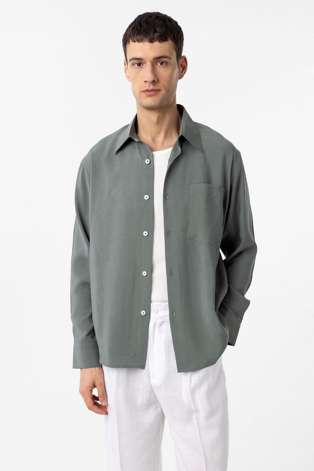 Antioch-Haki Modal Kumaş Relax Fit Erkek Gömlek-Gömlek-1-Milagron.com