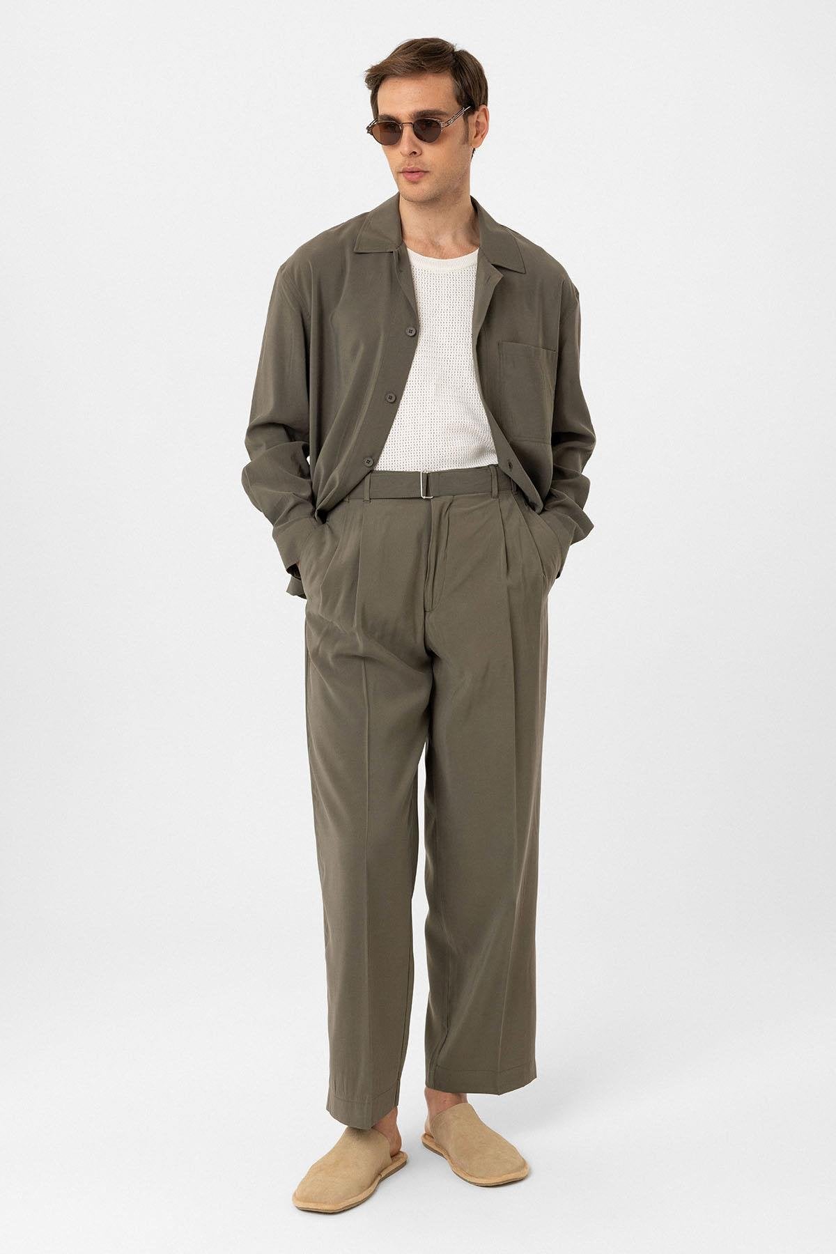 Antioch-Haki Modal Kumaş Relax Fit Kemerli Erkek Pantolon-Kumaş Pantolon-2-Milagron.com