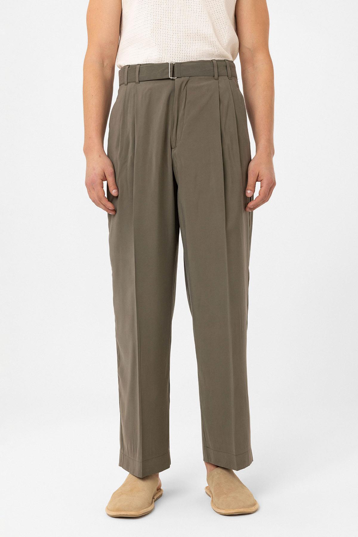 Antioch-Haki Modal Kumaş Relax Fit Kemerli Erkek Pantolon-Kumaş Pantolon-4-Milagron.com