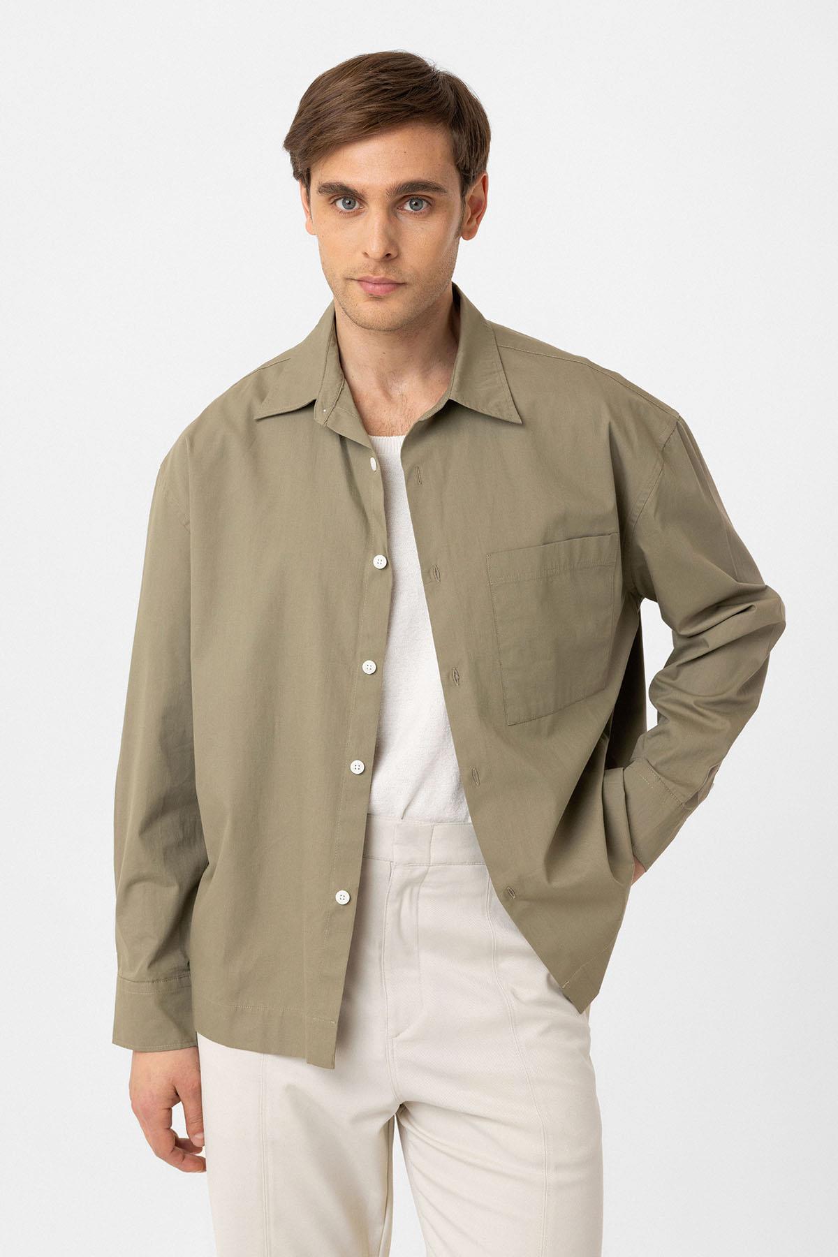 Antioch-Haki Pamuklu Relaxed Erkek Gömlek-Gömlek-1-Milagron.com