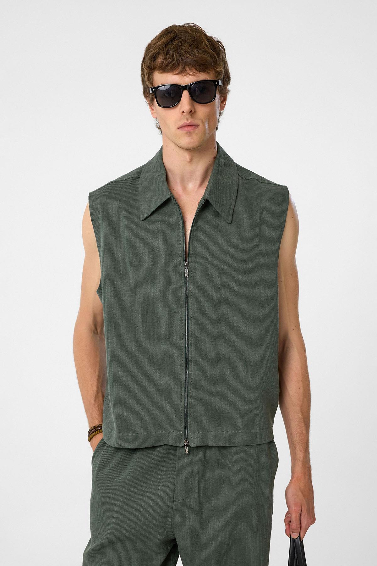 Antioch-Haki Polo Yaka Dokulu Erkek Yelek-Yelek-1-Milagron.com