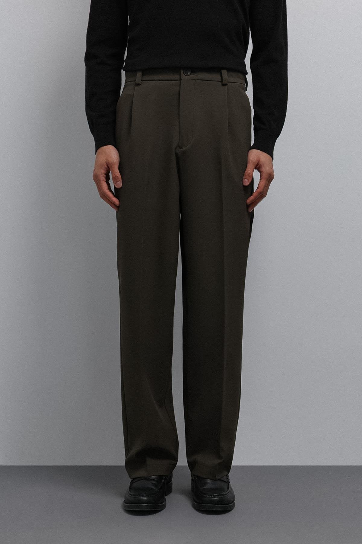 Antioch-Haki Relax Fit Baggy Pilili Erkek Pantolon-Kumaş Pantolon-1-Milagron.com