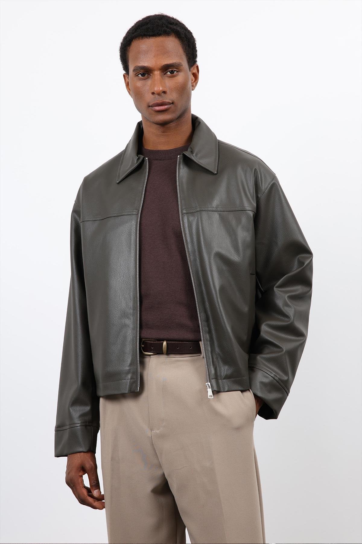 Antioch-Haki Relax Fit Erkek Deri Mont-Mont-4-Milagron.com