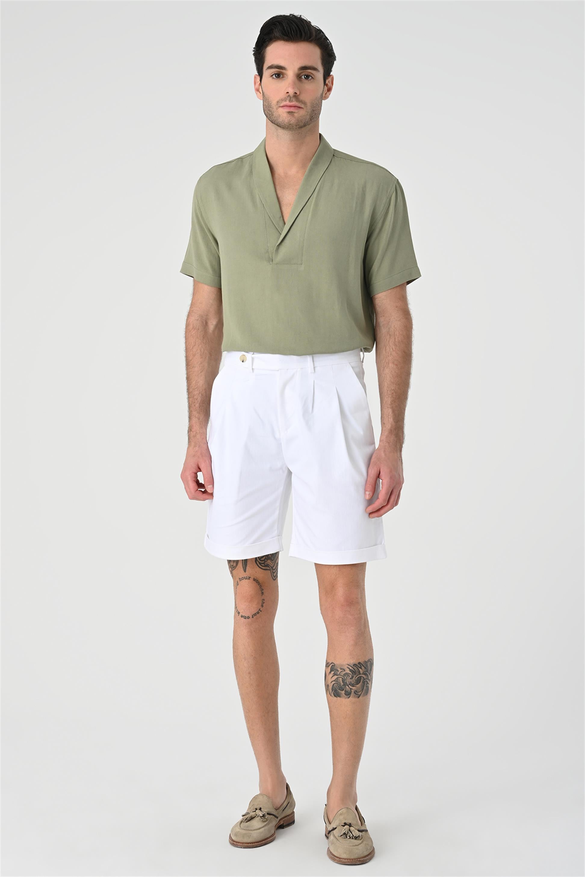 Antioch-Haki Relax Fit Şal Yaka Kısa Kollu Erkek Gömlek-Gömlek-1-Milagron.com