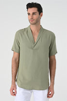 Antioch-Haki Relax Fit Şal Yaka Kısa Kollu Erkek Gömlek-Gömlek-4-Milagron.com