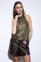 Antioch-Haki Saten Halter Kadın Top-Top-4-Milagron.com