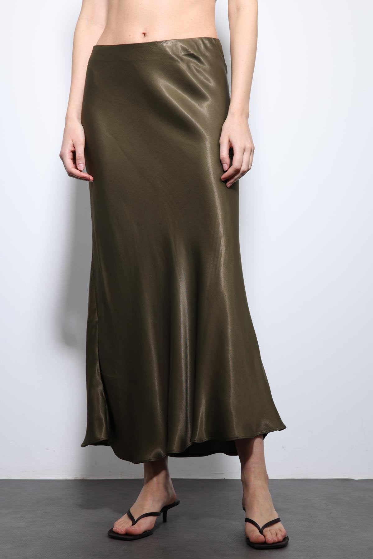 Antioch-Haki Saten Midi Etek-Etek-3-Milagron.com