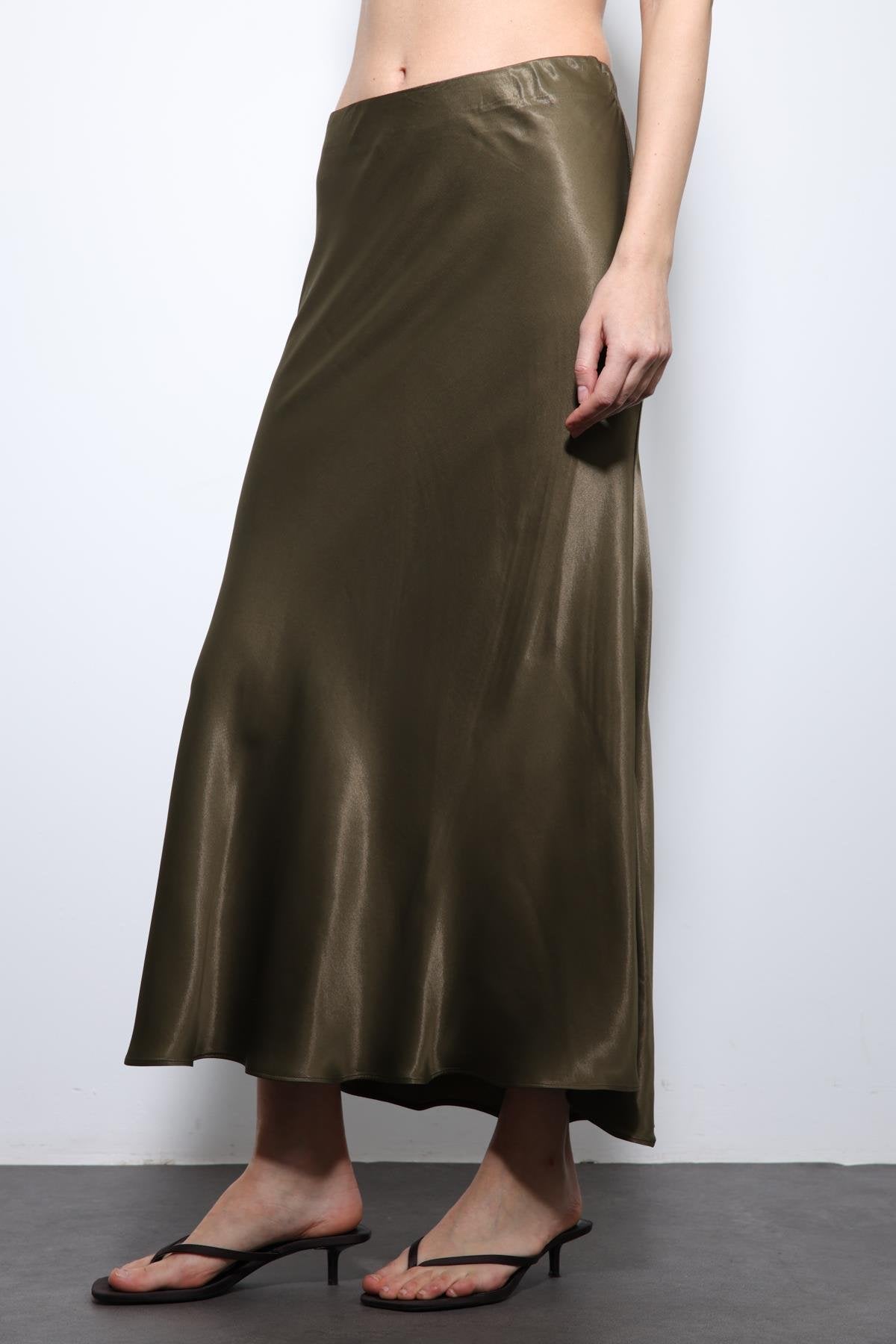 Antioch-Haki Saten Midi Etek-Etek-5-Milagron.com