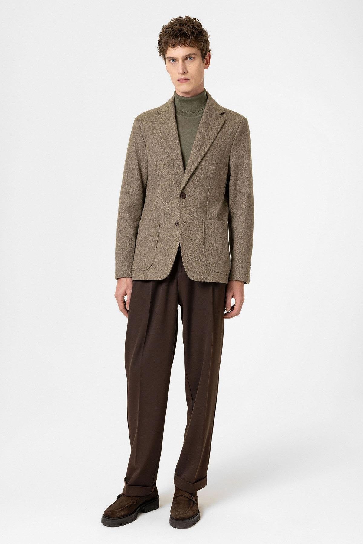 Antioch-Haki Slim Fit Balıksırtı Desenli Erkek Blazer Ceket-Blazer Ceket-2-Milagron.com