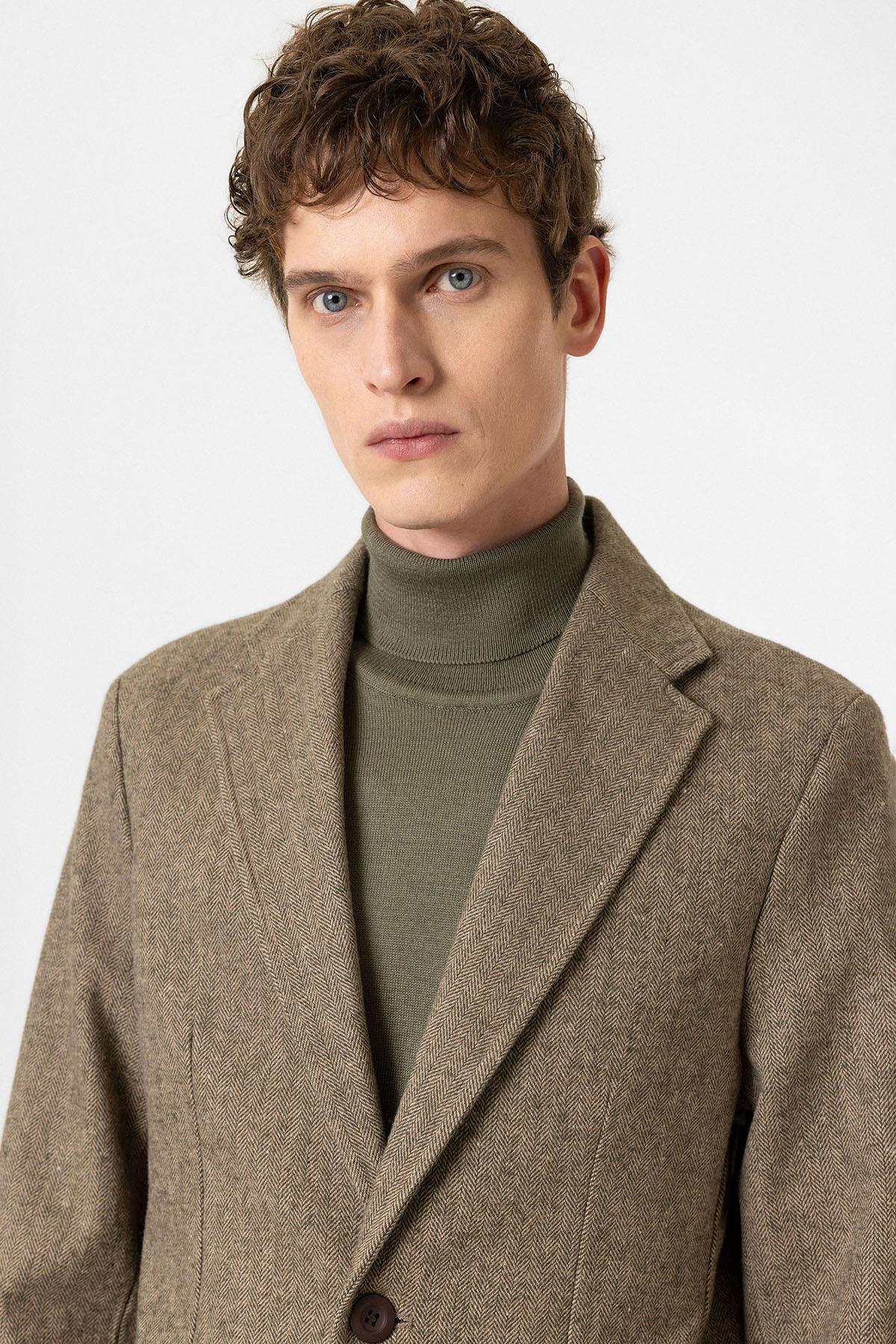 Antioch-Haki Slim Fit Balıksırtı Desenli Erkek Blazer Ceket-Blazer Ceket-4-Milagron.com