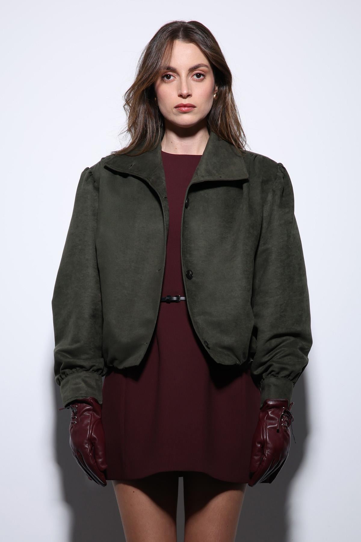 Antioch-Haki Süet Görünümlü Bomber Kadın Ceket-Ceket-3-Milagron.com