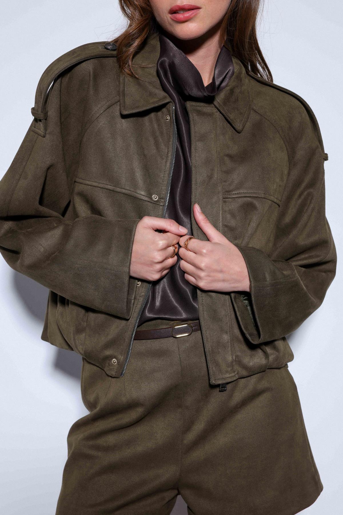 Antioch-Haki Süet Görünümlü Bomber Kadın Mont-Mont-5-Milagron.com