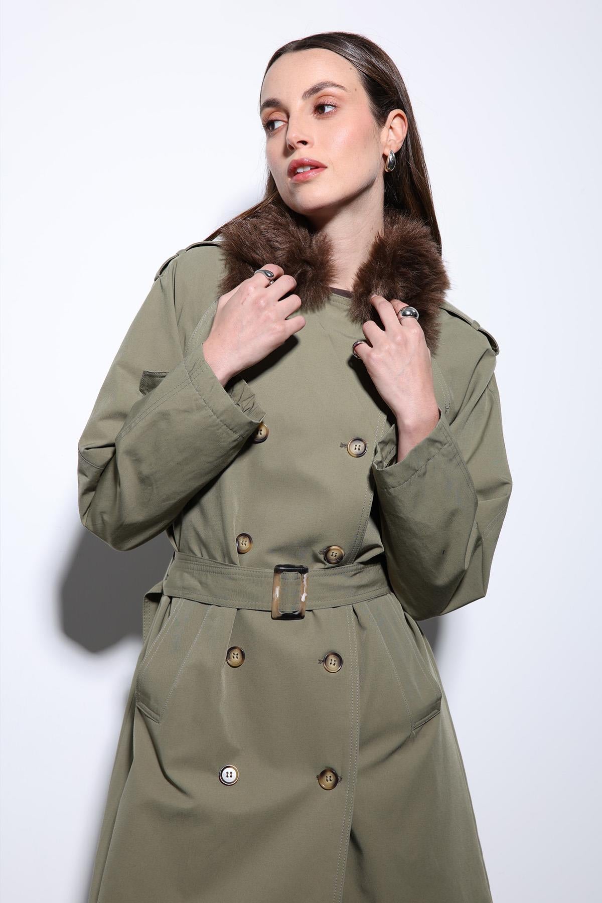 Antioch-Haki Suni Kürklü Yaka Kadın Trençkot-Trençkot-5-Milagron.com